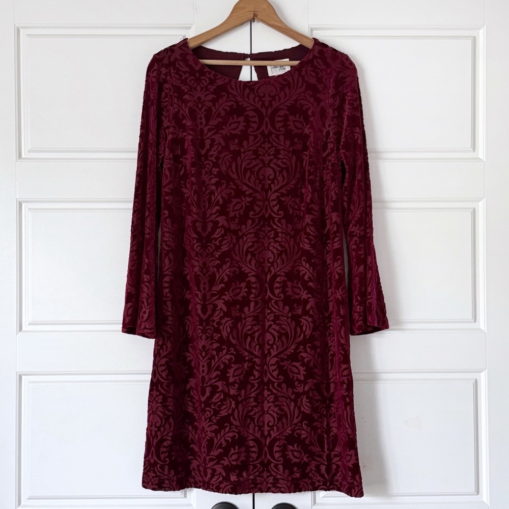 ECI Velvet Burnout Damask Bell Sleeve Shift Dress Women Small Red Holiday Whimsy